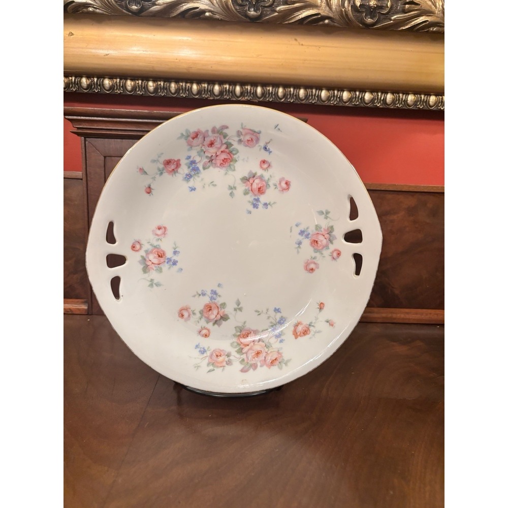 Vintage Germany Roman V Porcelain Cake Plate Pink Roses Open Handle 9" Gold Trim